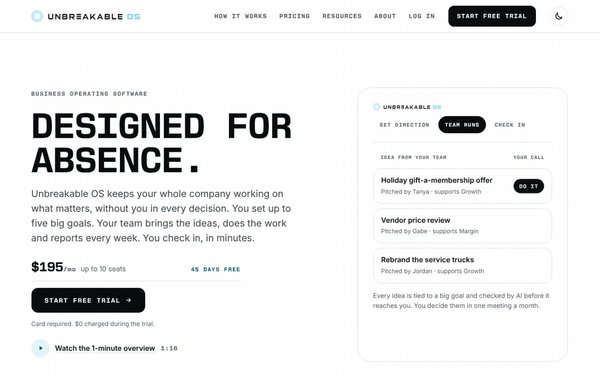 The Unbreakable OS home page, headed Designed for absence, beside a preview of the app's team ideas